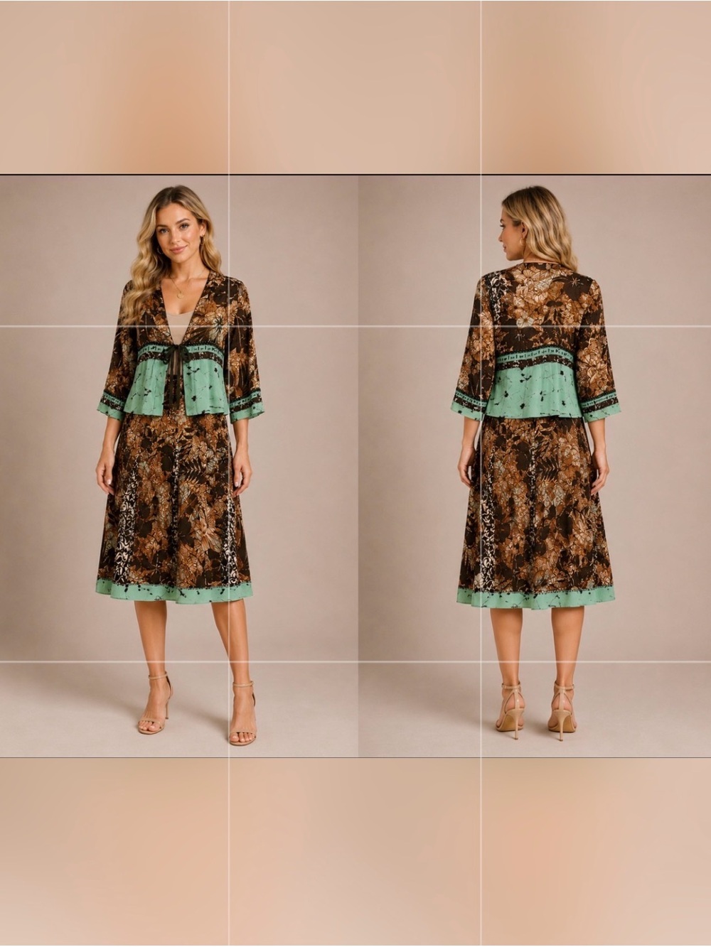 Women’s Mint and Brown Floral Tie-Front Blazer